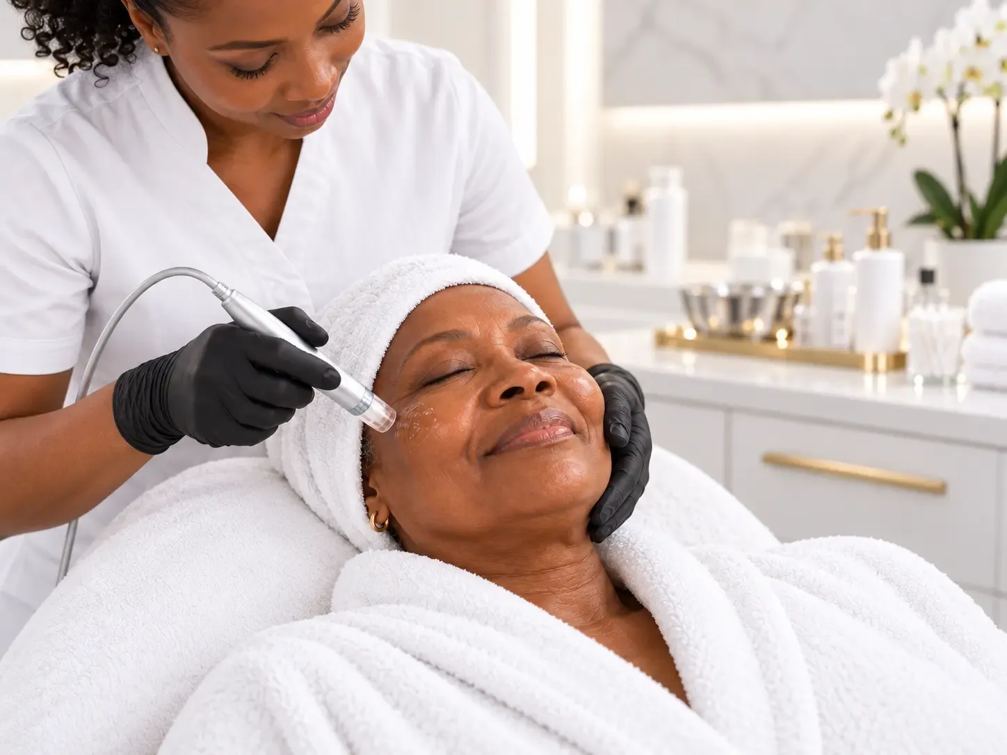 Soin du visage avec appareil professionnel adapté à une peau mature