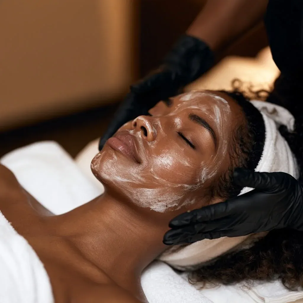 Application d’un masque pendant un soin du visage sur une peau foncée