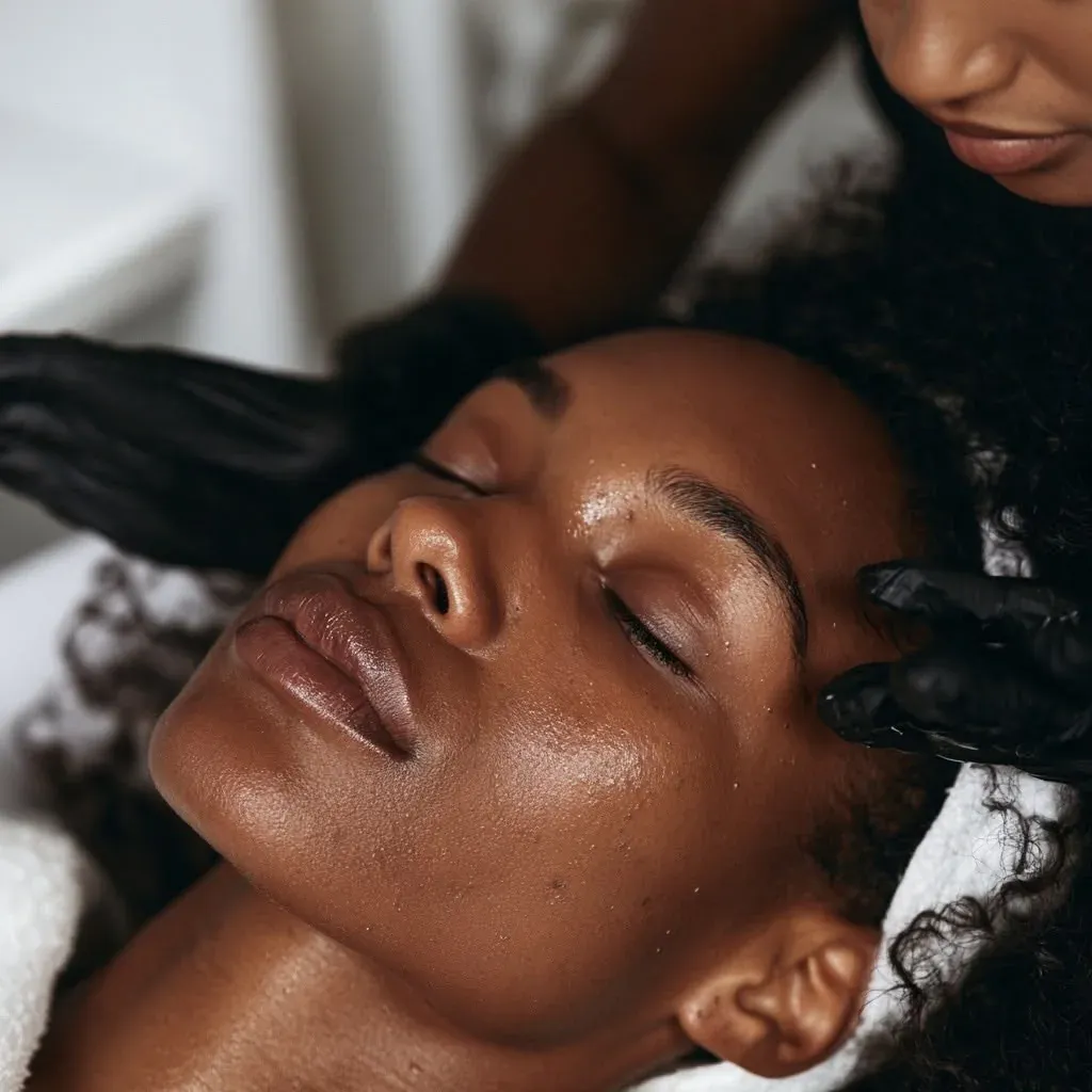 Massage du visage réalisé sur une peau foncée