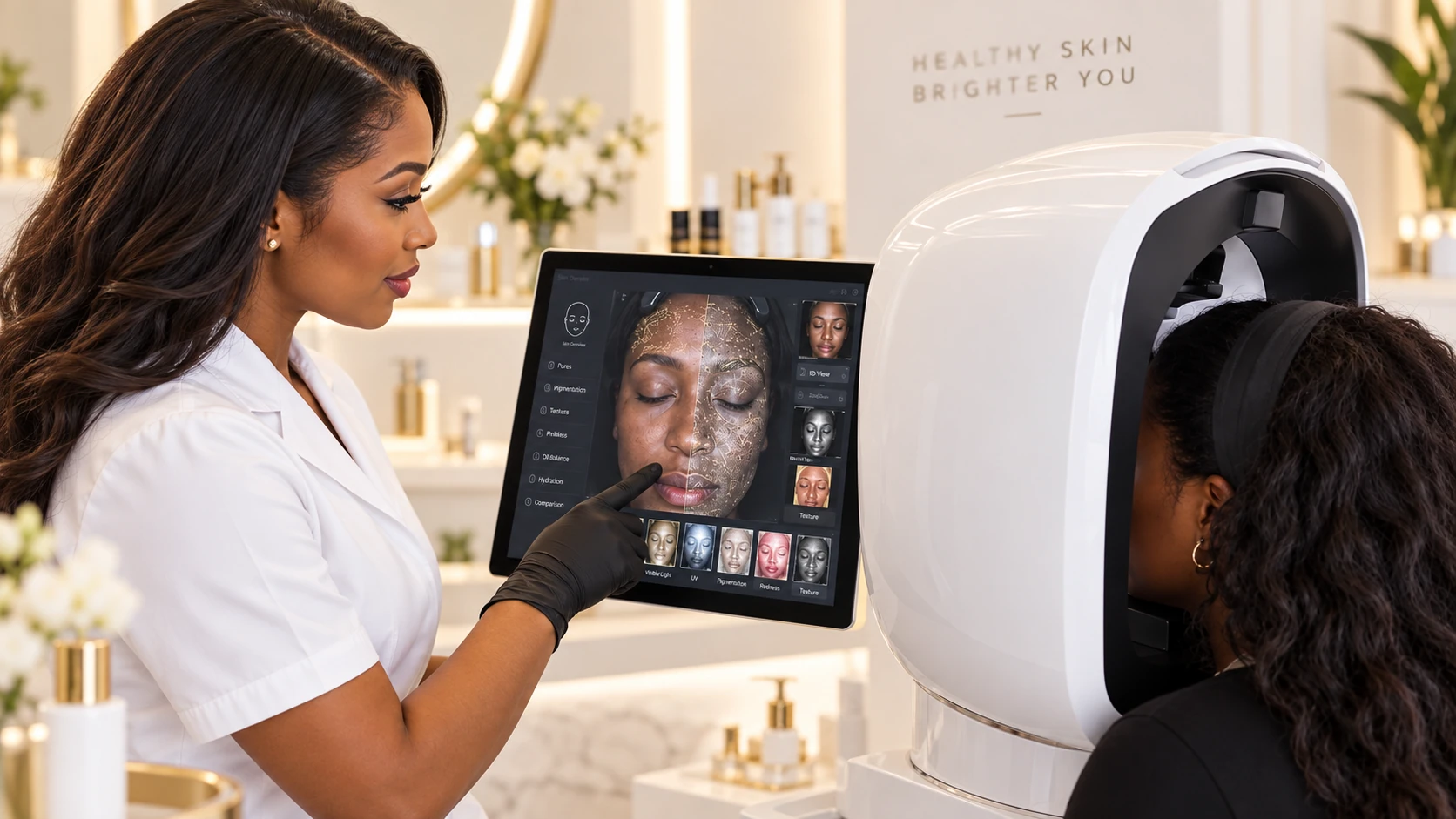 Praticienne présentant les résultats d’une analyse de peau sur une tablette auprès d’une cliente